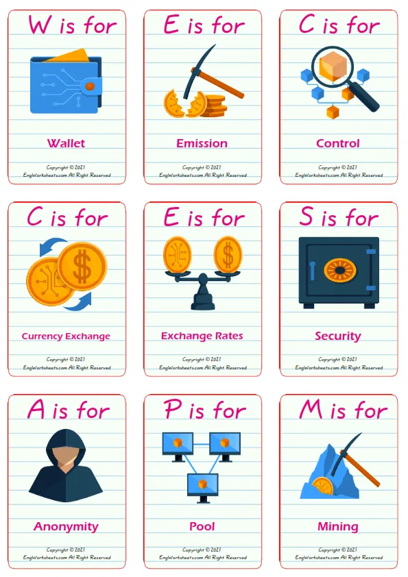 Virtual Currency vocabulary worksheet with words, nine images per page