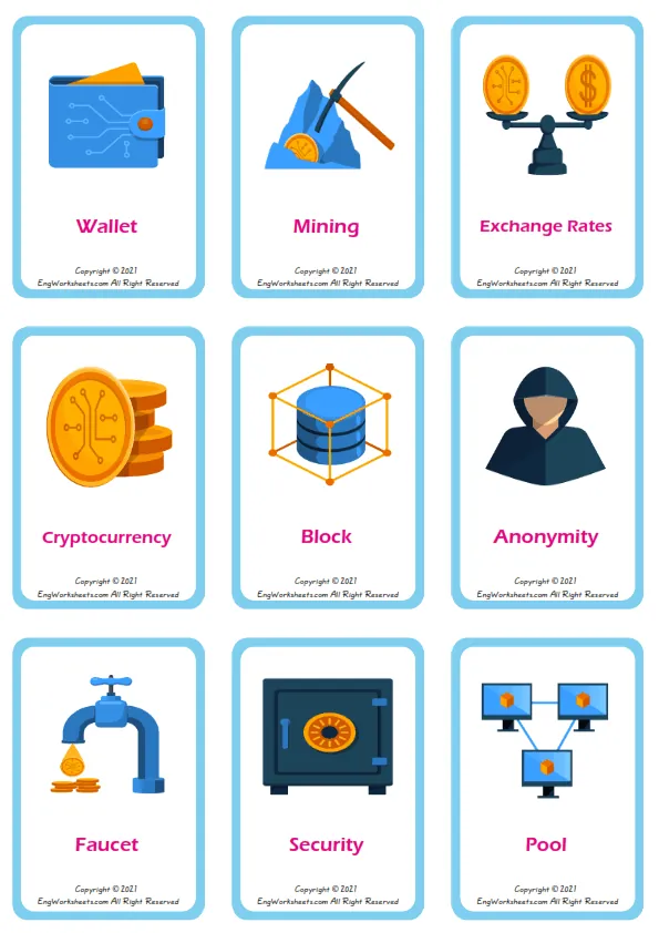 Virtual Currency vocabulary worksheet with words, nine images per page