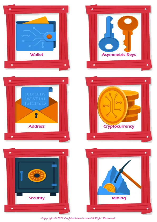 Virtual Currency vocabulary worksheet with words, six images per page