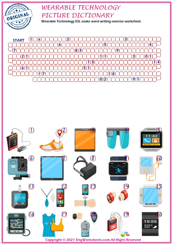 Wearable Technology ESL snake word writing exercise worksheet.