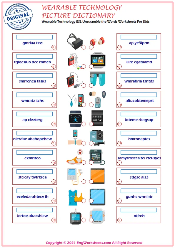 Wearable Technology ESL Unscramble the Words Worksheets For Kids