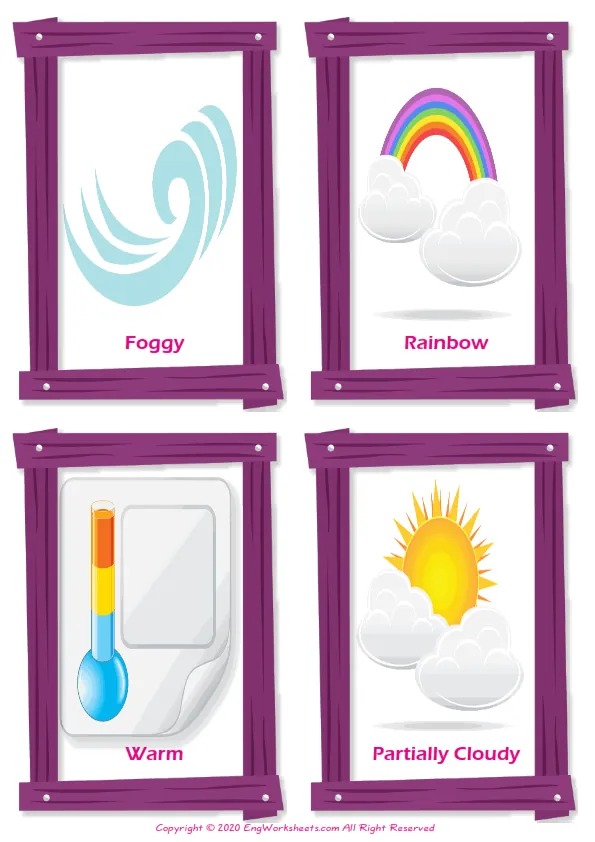Weather vocabulary worksheet with words, four images per page