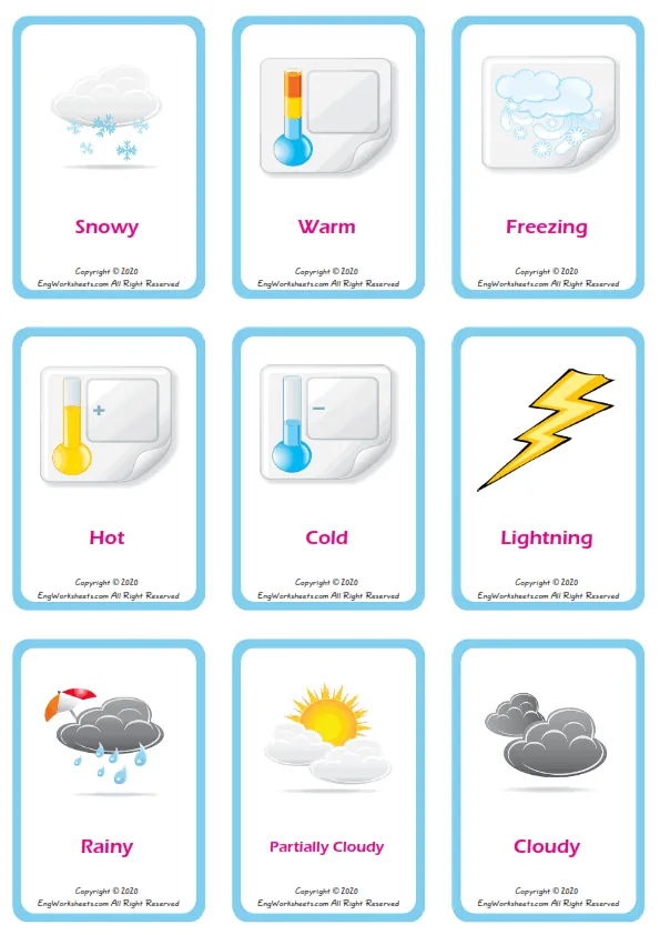 Weather vocabulary worksheet with words, nine images per page