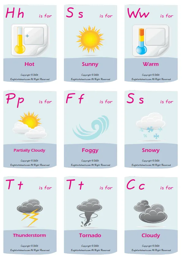 Weather vocabulary worksheet with words, nine images per page