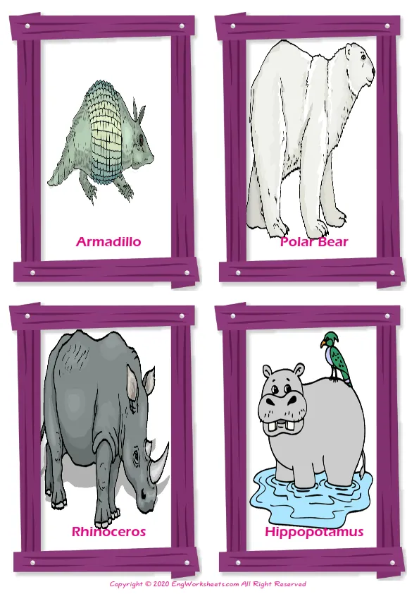 Wild Animals vocabulary worksheet with words, four images per page
