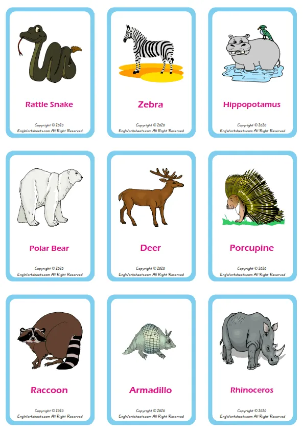 Wild Animals vocabulary worksheet with words, nine images per page
