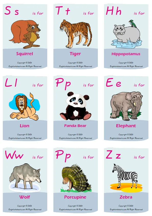 Wild Animals vocabulary worksheet with words, nine images per page
