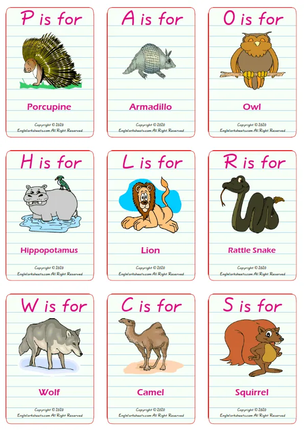 Wild Animals vocabulary worksheet with words, nine images per page