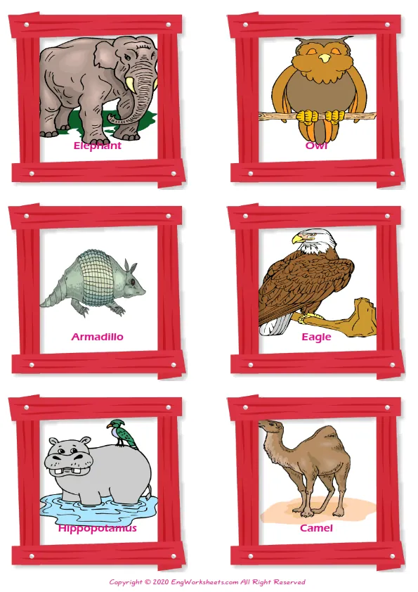 Wild Animals vocabulary worksheet with words, six images per page