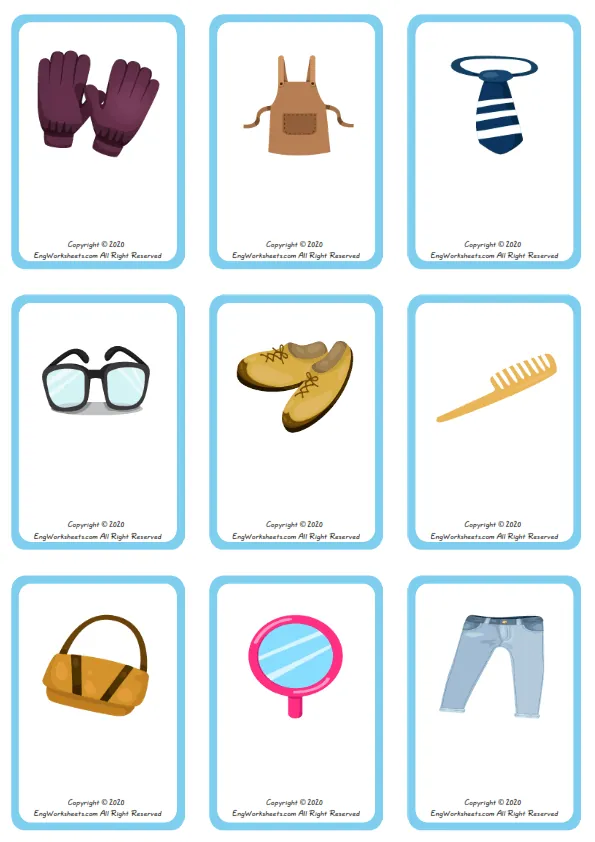 Wordless Accessories vocabulary worksheet with nine images per page