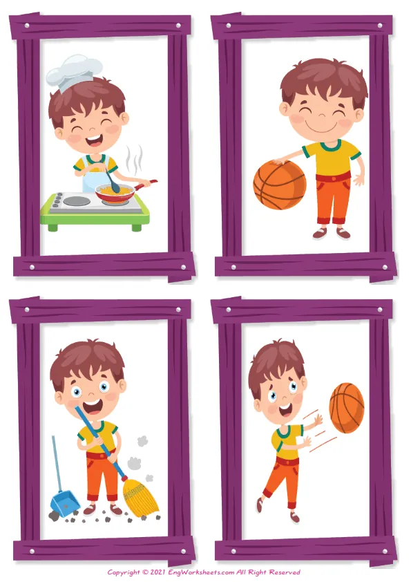 Action Verbs vocabulary worksheet with words, nine images per page
