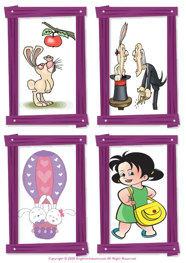 Wordless Action Verbs vocabulary worksheet with four images per page