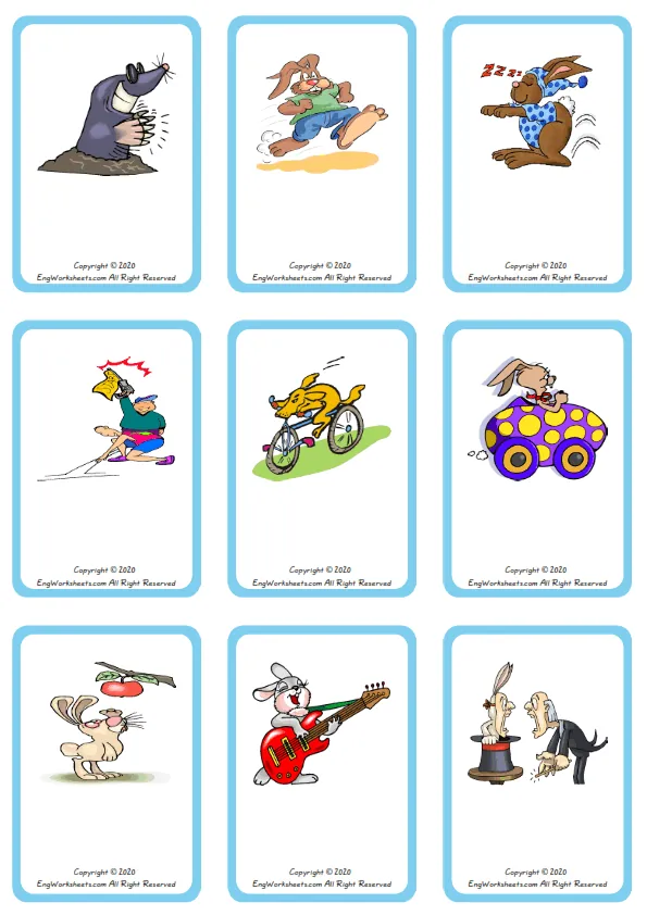 Wordless Action Verbs vocabulary worksheet with nine images per page