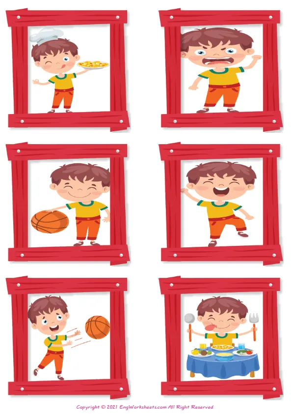 Action Verbs vocabulary worksheet with words, four images per page