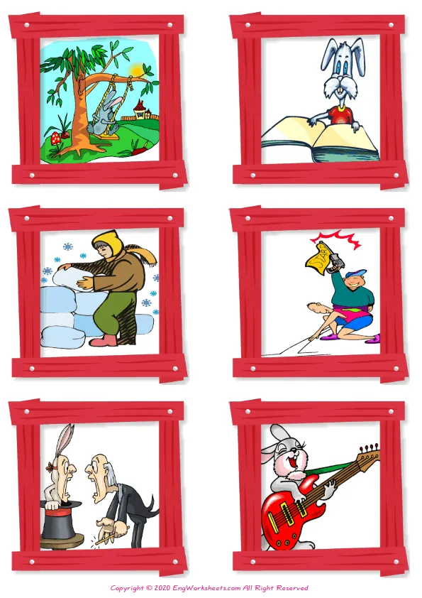 Wordless Action Verbs vocabulary worksheet with six images per page