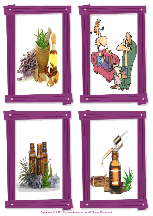 Wordless Alternative Therapy vocabulary worksheet with four images per page