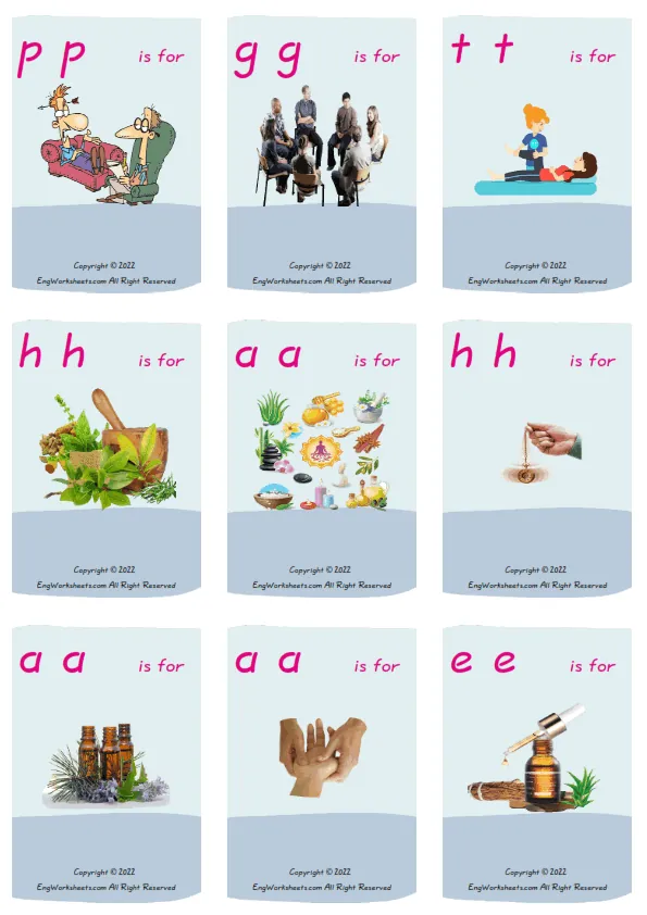 Wordless Alternative Therapy vocabulary worksheet with nine images per page