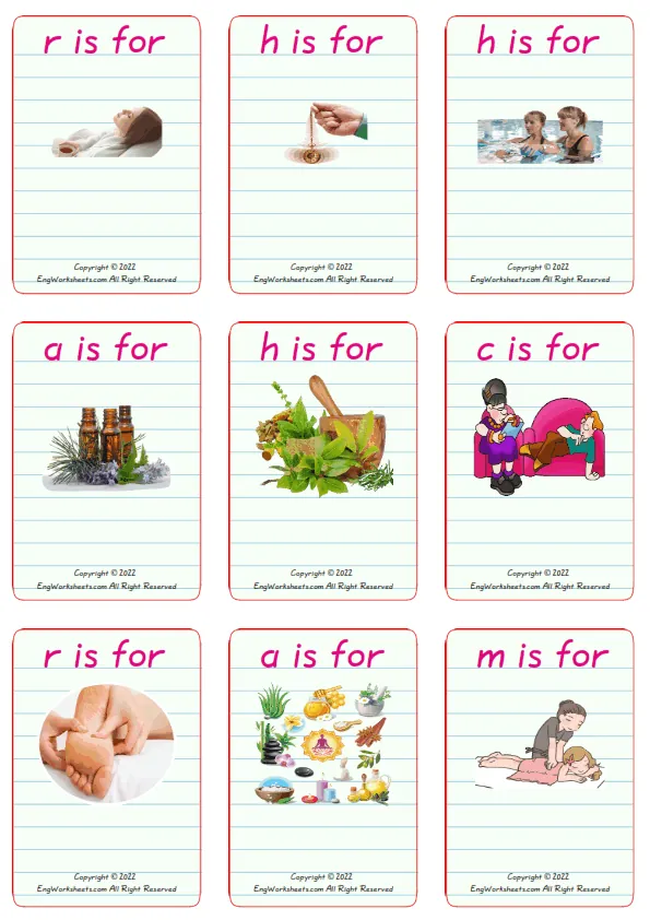 Wordless Alternative Therapy vocabulary worksheet with nine images per page