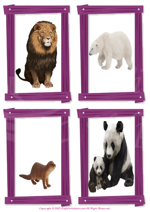 Wordless Animals vocabulary worksheet with four images per page
