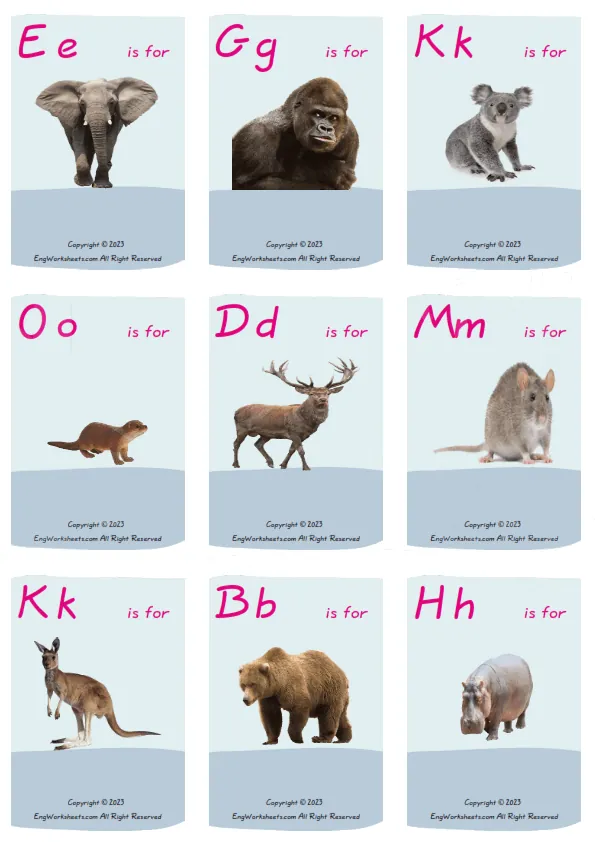 Wordless Animals vocabulary worksheet with nine images per page