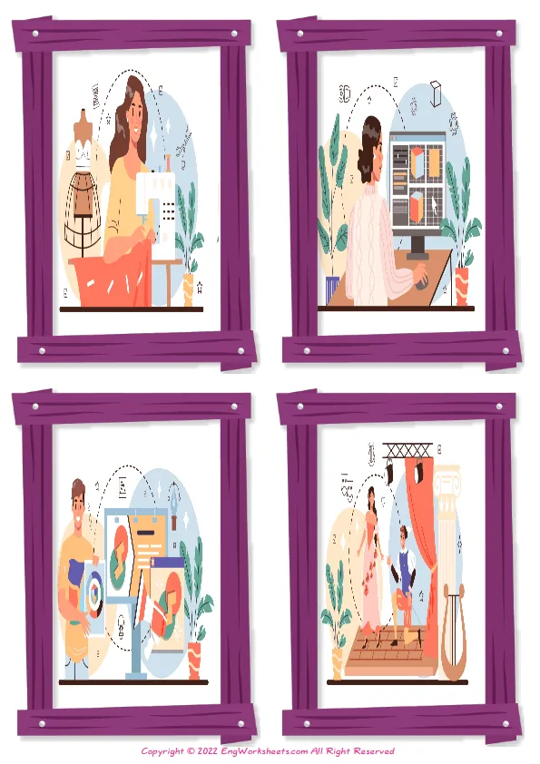 Wordless Artistic Occupation vocabulary worksheet with four images per page