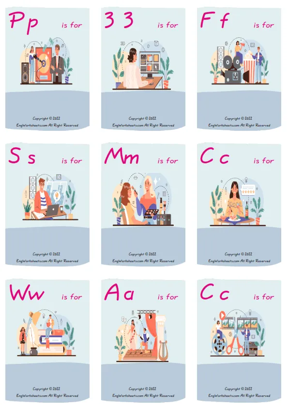 Wordless Artistic Occupation vocabulary worksheet with nine images per page