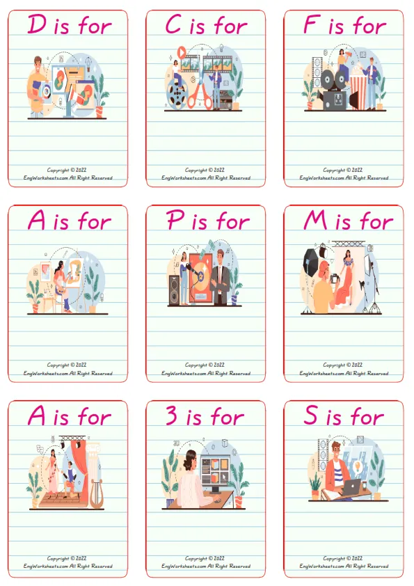 Wordless Artistic Occupation vocabulary worksheet with nine images per page