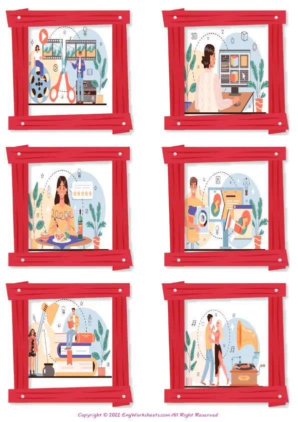 Wordless Artistic Occupation vocabulary worksheet with six images per page
