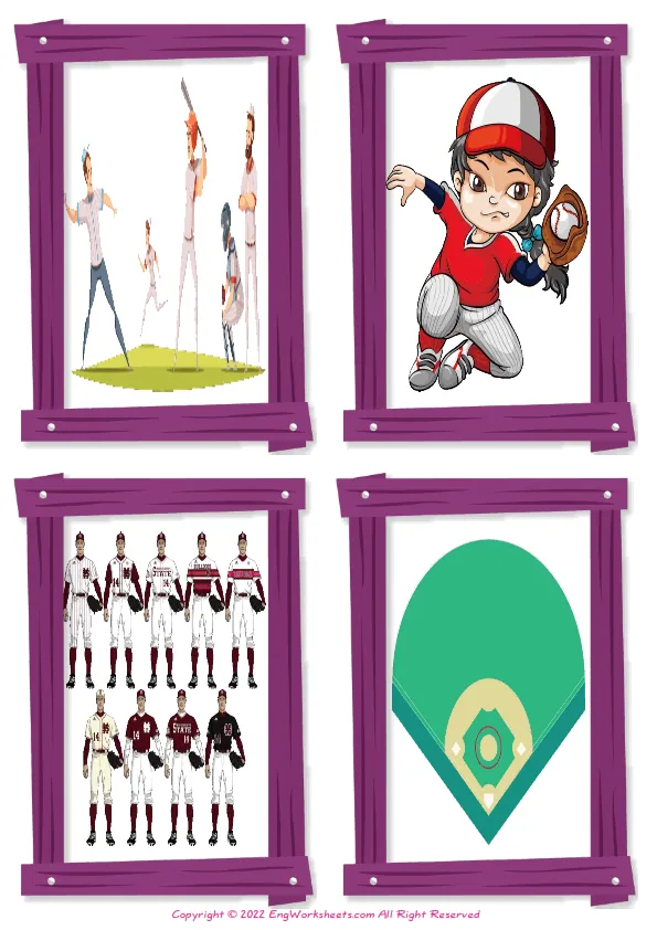 Wordless Baseball vocabulary worksheet with four images per page