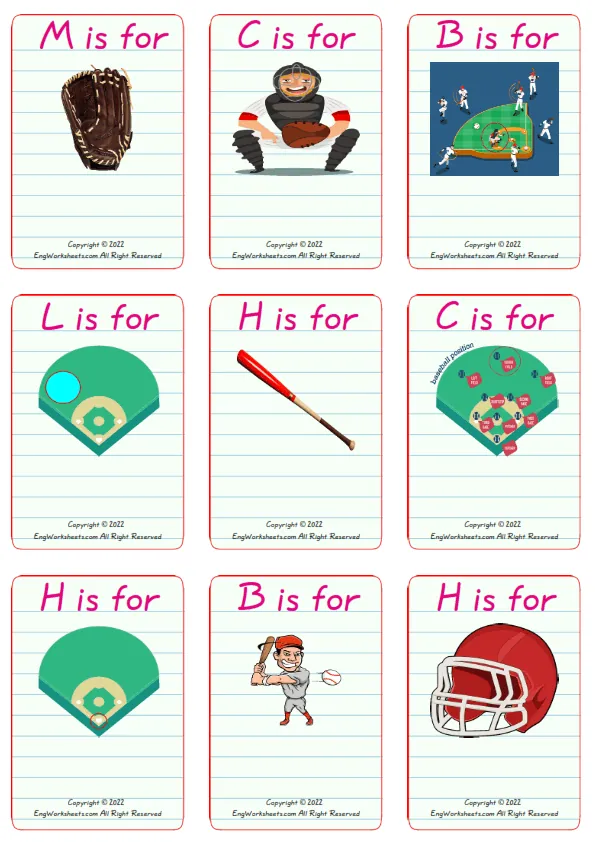 Wordless Baseball vocabulary worksheet with nine images per page