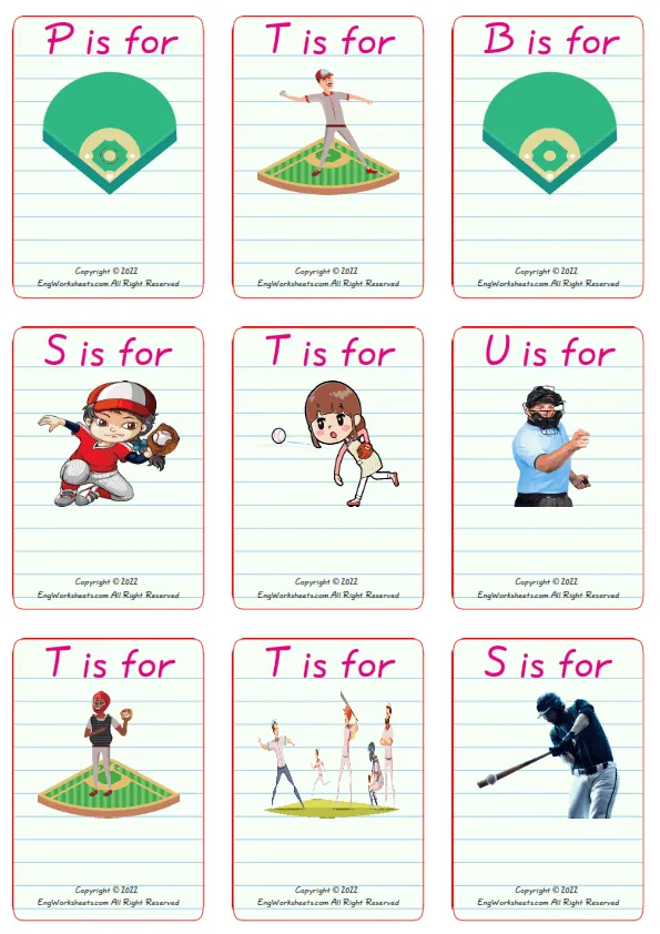 Wordless Baseball vocabulary worksheet with nine images per page