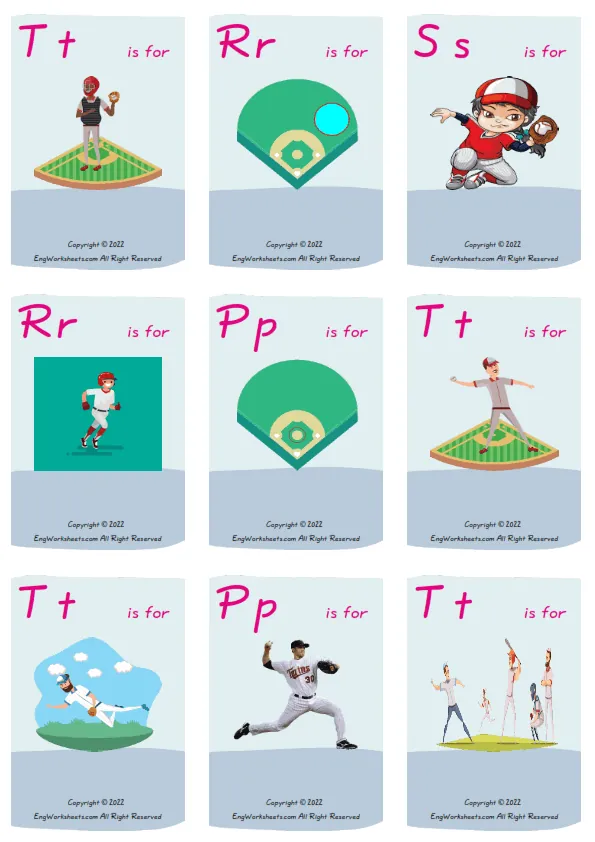 Wordless Baseball vocabulary worksheet with nine images per page