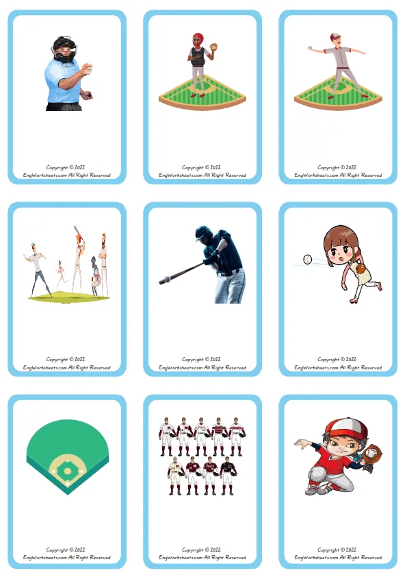 Wordless Baseball vocabulary worksheet with nine images per page
