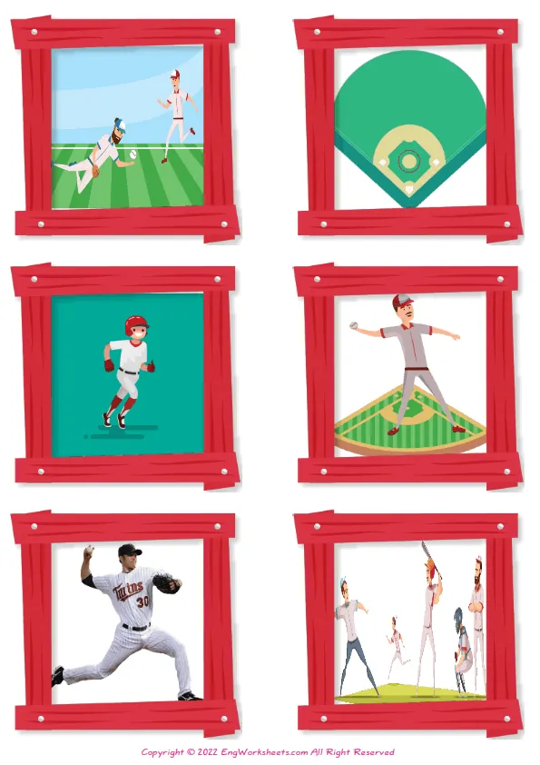 Wordless Baseball vocabulary worksheet with six images per page