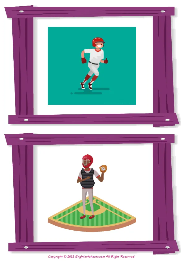 Wordless Baseball vocabulary worksheet with two images per page