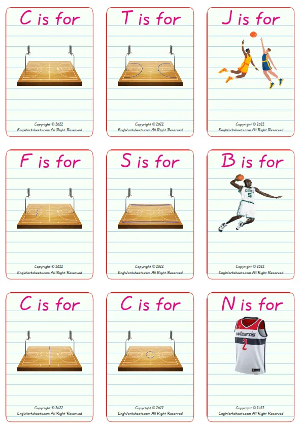 Wordless Basketball vocabulary worksheet with nine images per page