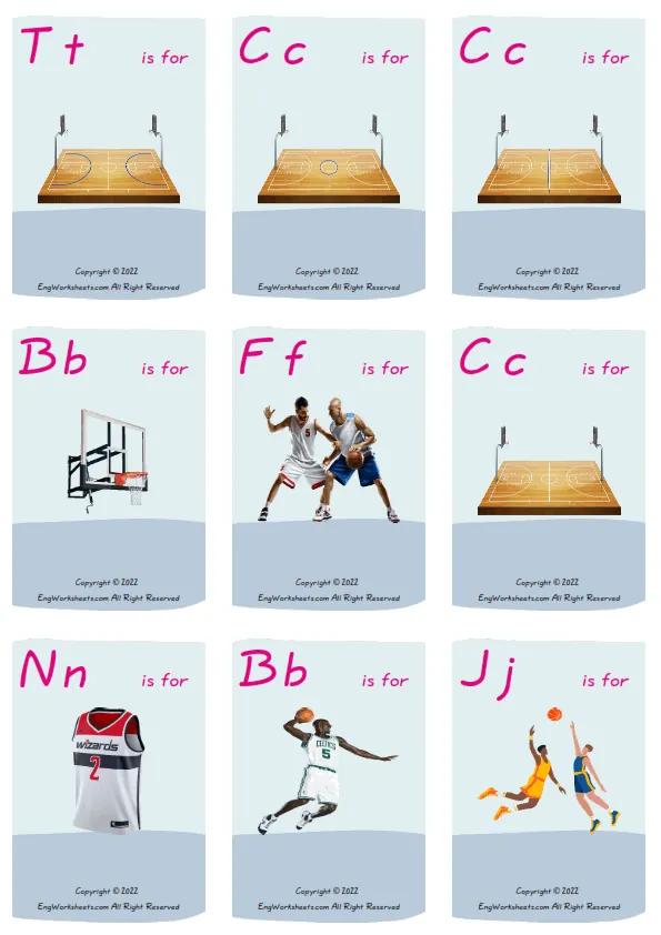 Wordless Basketball vocabulary worksheet with nine images per page