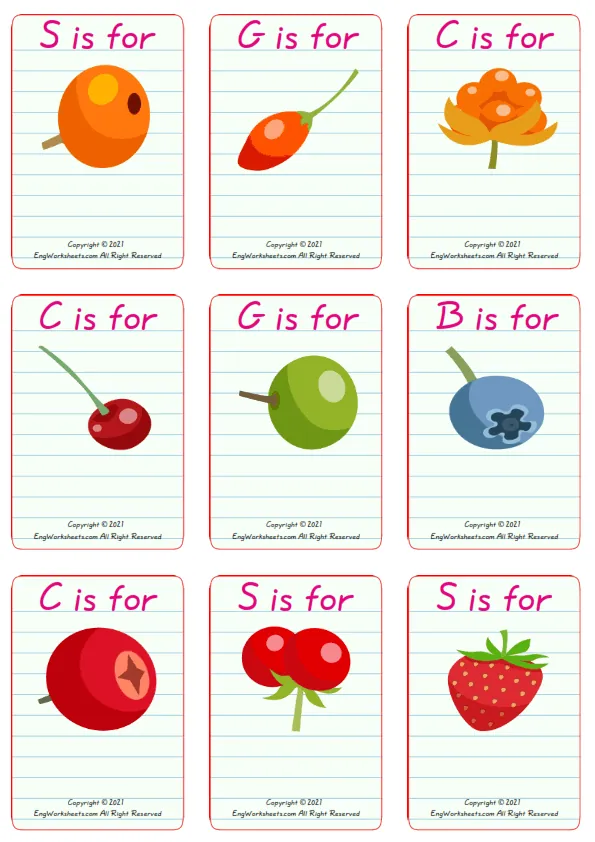 Wordless Berries Types vocabulary worksheet with nine images per page