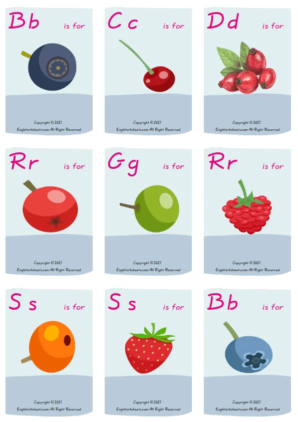 Wordless Berries Types vocabulary worksheet with nine images per page