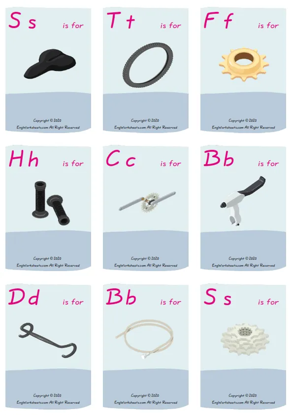 Wordless Bike vocabulary worksheet with nine images per page
