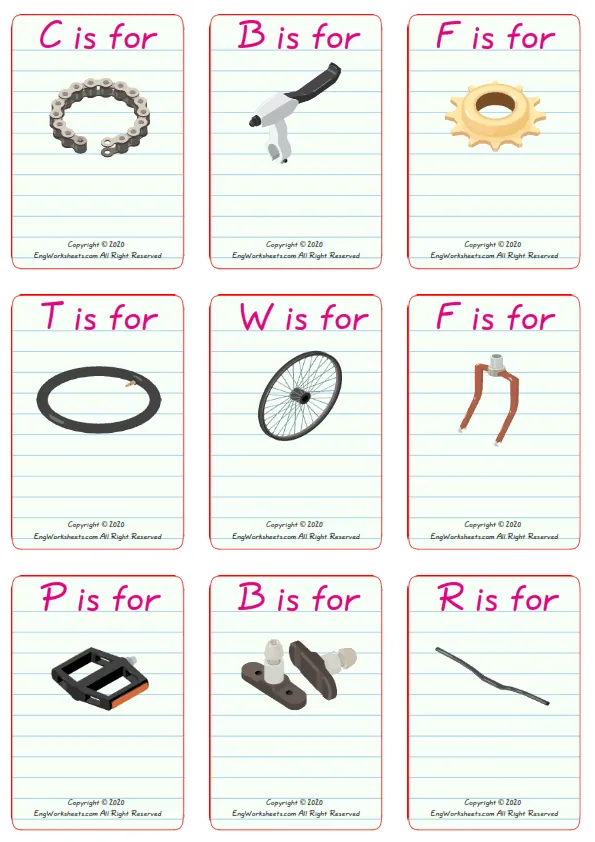 Wordless Bike vocabulary worksheet with nine images per page