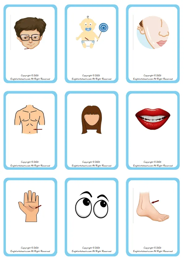 Wordless Body Parts vocabulary worksheet with nine images per page