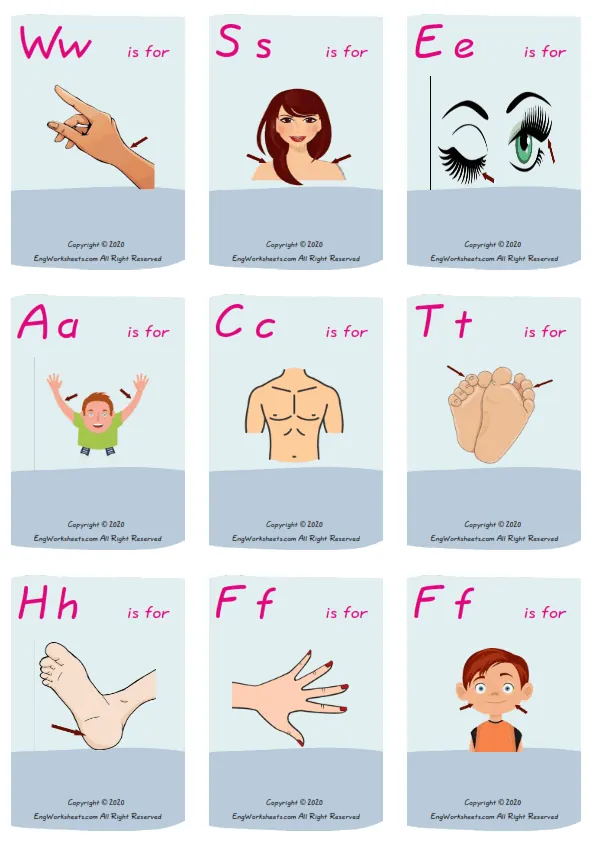 Wordless Body Parts vocabulary worksheet with nine images per page