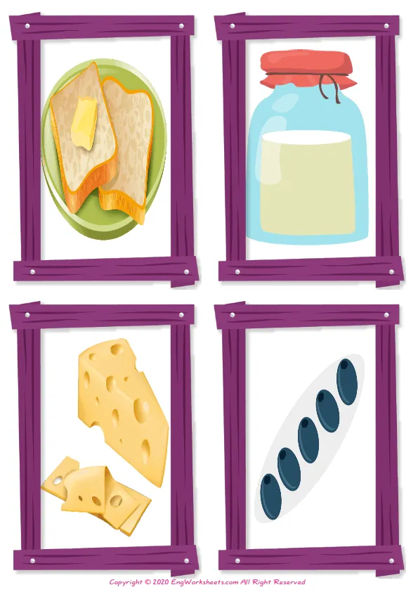 Wordless Breakfast vocabulary worksheet with four images per page