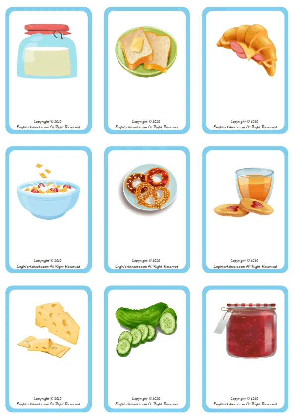 Wordless Breakfast vocabulary worksheet with nine images per page