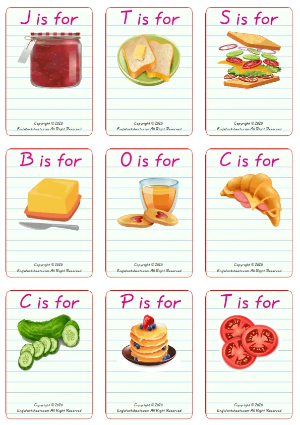 Wordless Breakfast vocabulary worksheet with nine images per page
