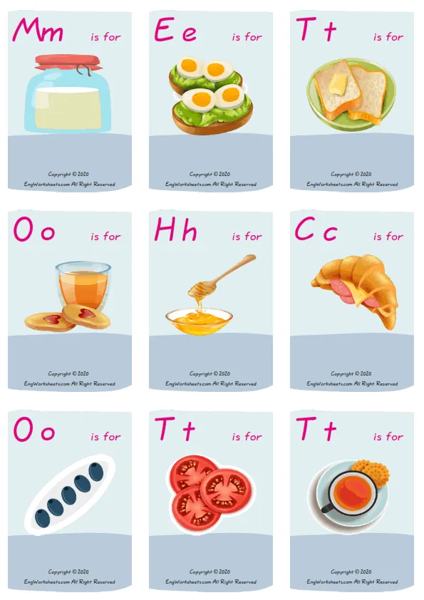 Wordless Breakfast vocabulary worksheet with nine images per page