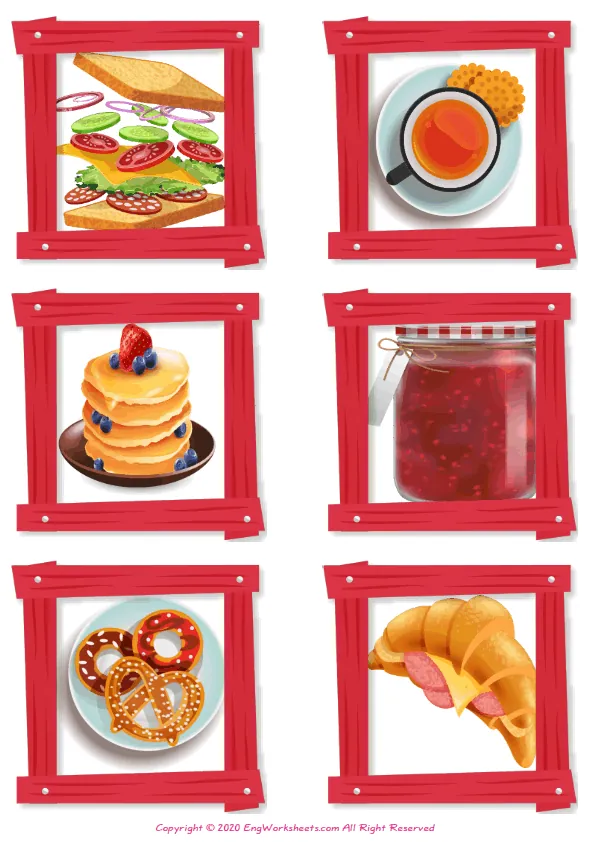 Wordless Breakfast vocabulary worksheet with six images per page