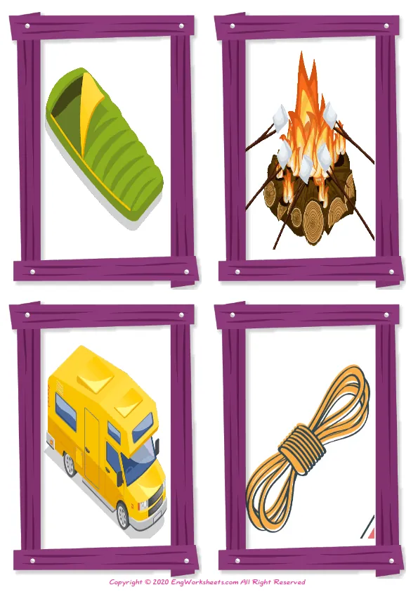 Wordless Camping vocabulary worksheet with four images per page
