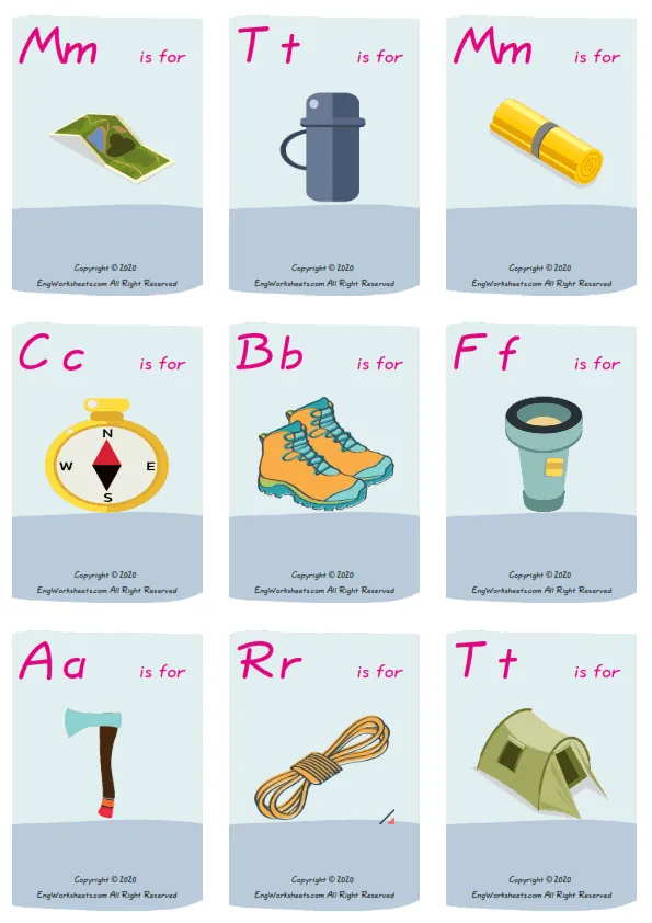 Wordless Camping vocabulary worksheet with nine images per page